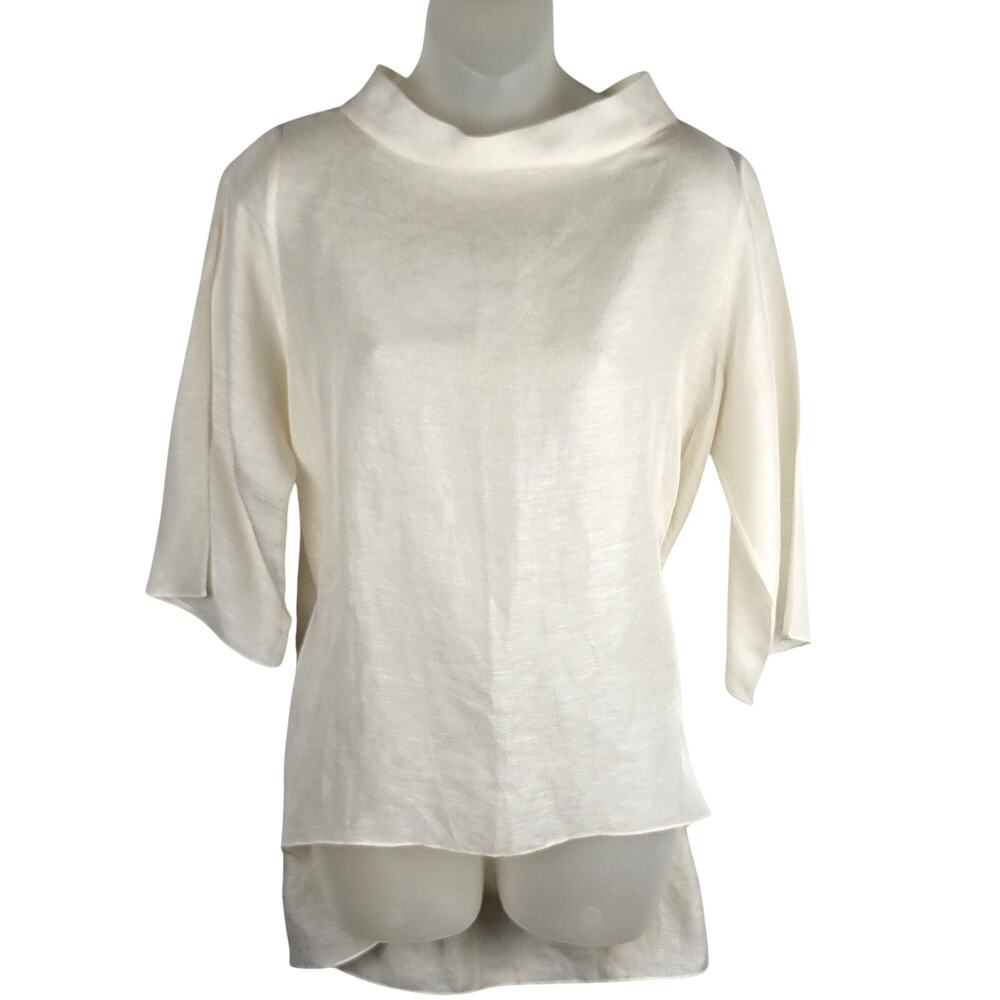 E EMMELLE Sheer Linen Silk Blend Oversized Cowl Neck Tunic Top Blouse in Ivory S
